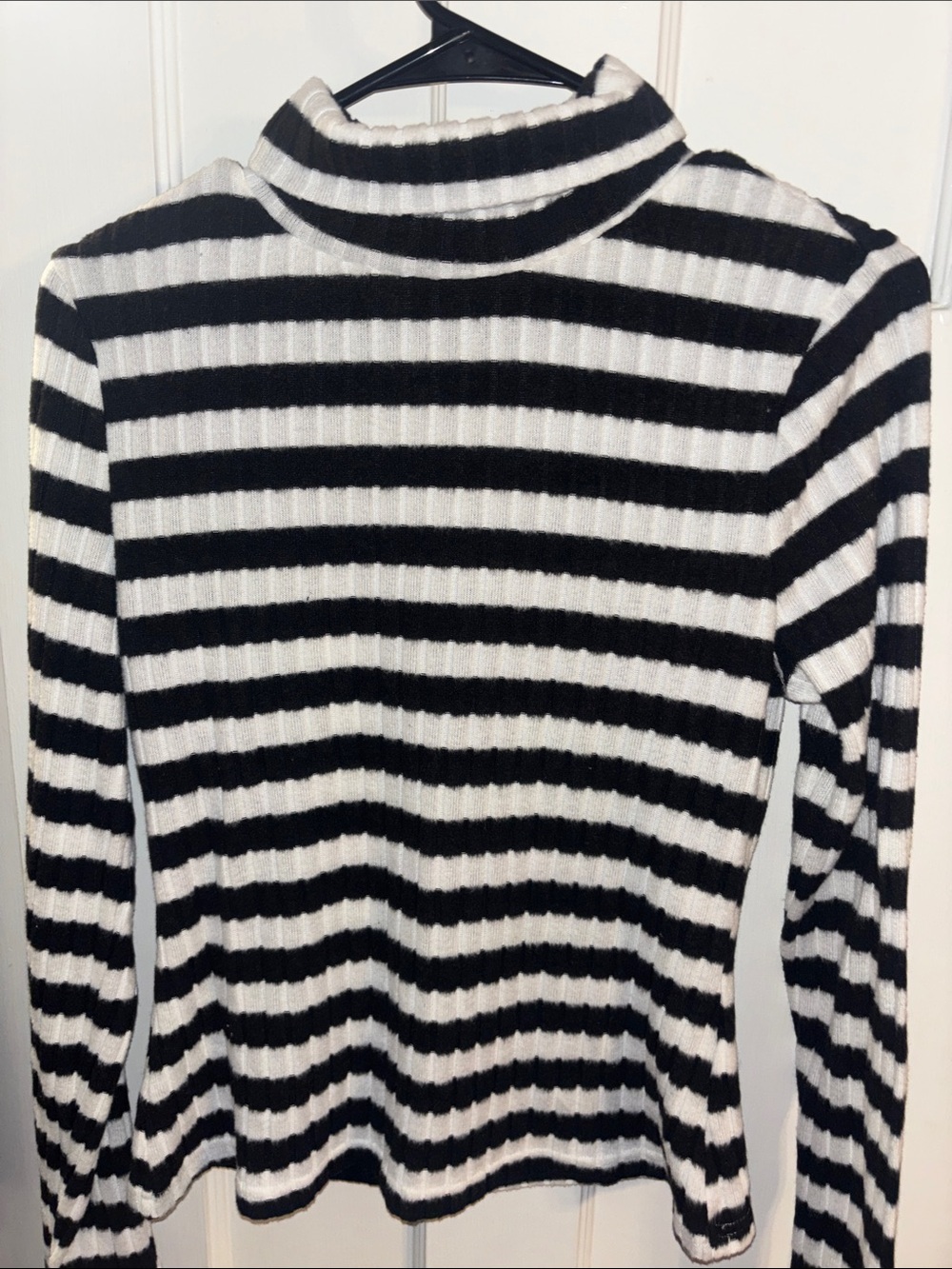 Striped Black and White Ribbed Turtleneck or Fold Down Collar Sweater